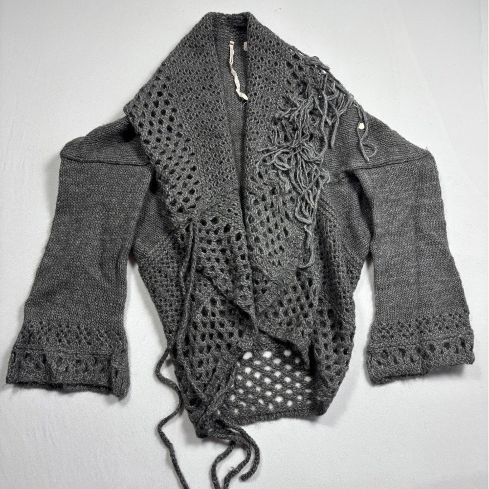 Women's Isda and Co Gray Alpaca Fringe Open Knit Shawl Collar Cardigan Sweater S